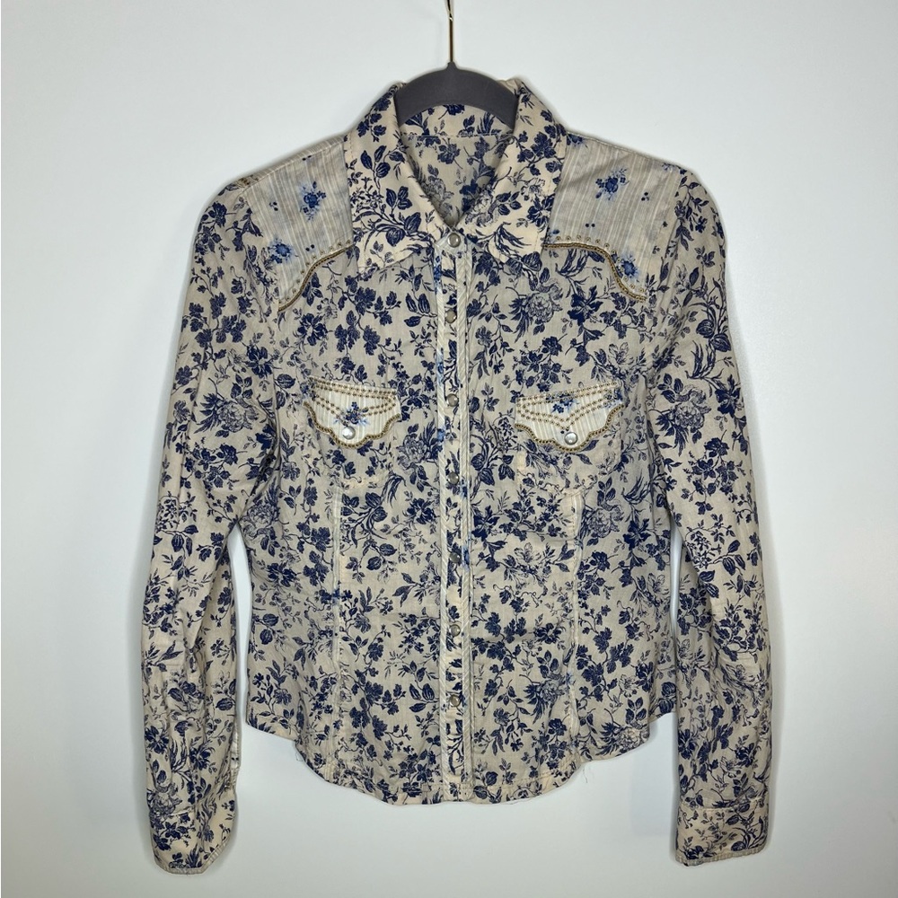 Blue and Cream Button Down Shirt with Floral Print